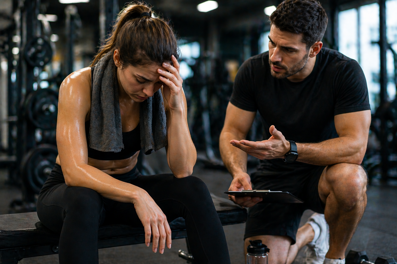 Erschöpfte Frau im Fitnessstudio nach ineffektivem Training