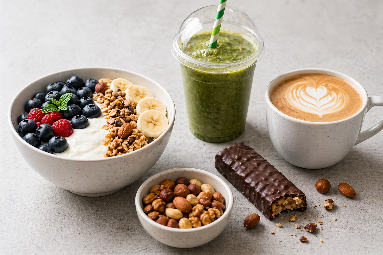Kalorienreiche gesunde Snacks wie Nüsse, Smoothies und Kaffee