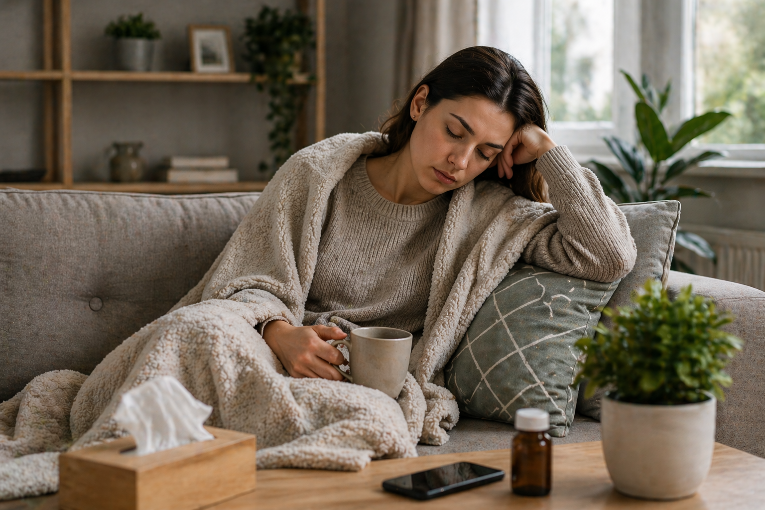 Müde Frau auf dem Sofa mit wenig Energie