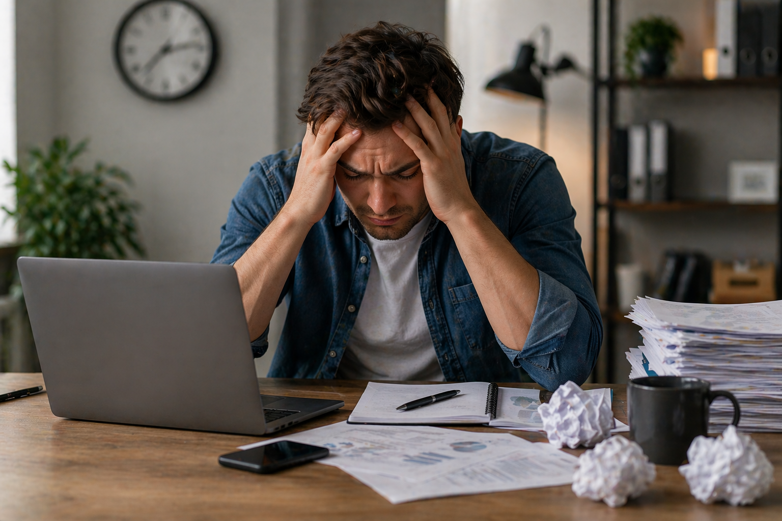 Gestresster Mann am Laptop mit Kopf in den Händen