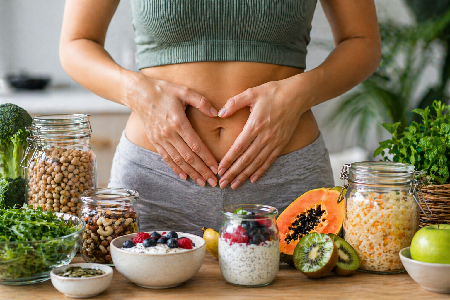 Darmgesundheit und Verdauung mit Gemüse und Bauchfokus