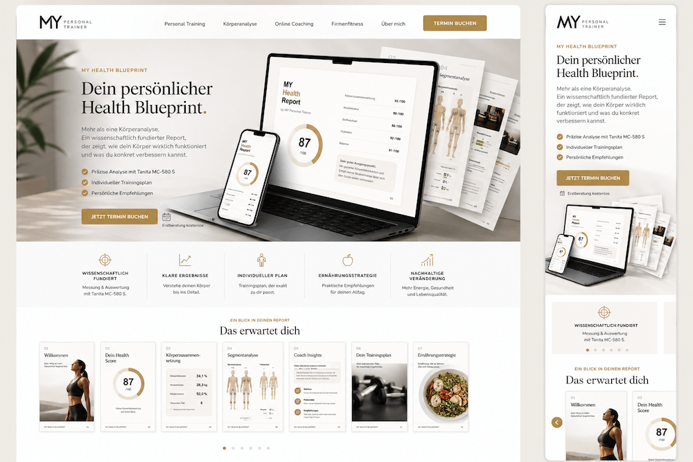 MY Health Blueprint Mockup mit persönlichem Gesundheitsreport auf Laptop, Tablet und Einzelseiten