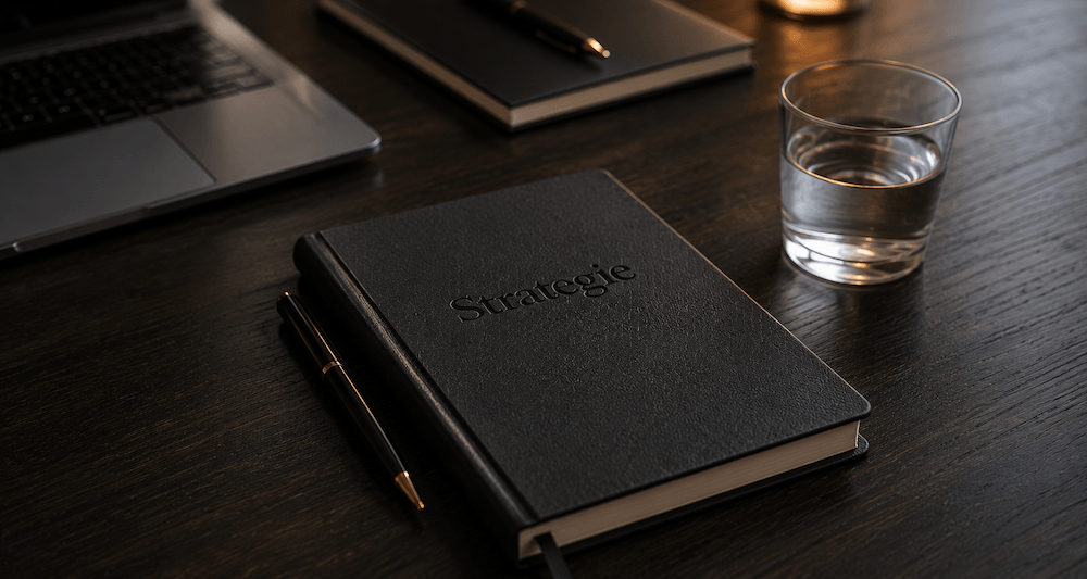 Strategie-Notizbuch auf einem Executive-Schreibtisch